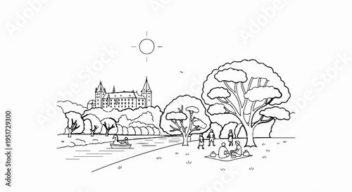People enjoying a picnic by a river with a castle in the background
