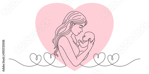 Mother and baby line art vector illustration, mothers day celebration illustration. Vector eps