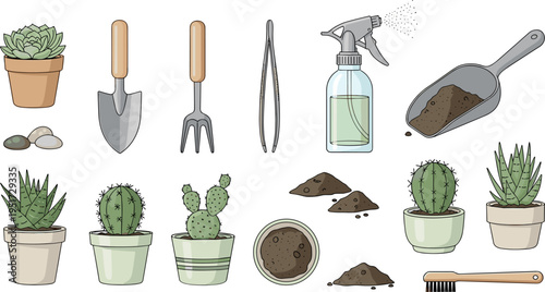 Succulent and Cactus Gardening Tools Set with Pots, Shovel, Rake, Tweezers, Spray Bottle, Soil, Rocks, and Plants Illustrations