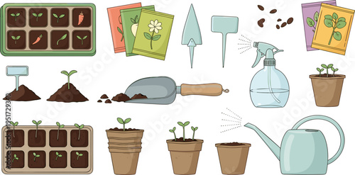 Seed Starting and Planting Tools Set with Seed Trays, Pots, Trowel, Labels, Seed Packets, Spray Bottle, and Watering Can Illustrations