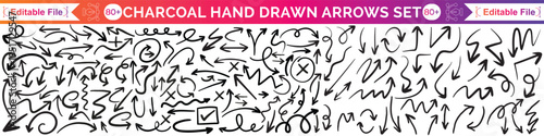 Charcoal hand drawn pencil emphasis arrows. Doodle curved chalk darts. Texture design elements of scribble lines. Vector illustration of hand painted crayon check lines.
