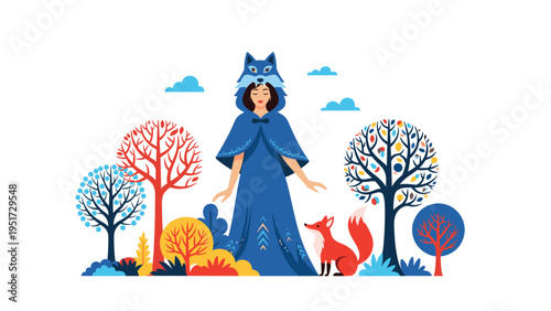 Whimsical illustration of a woman in a blue wolf costume, standing among colorful trees, accompanied by a fox, in a magical forest setting.
