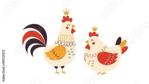 Cute cartoon illustration of a rooster and a hen, both wearing small crowns, depicting a regal farm animal couple on a white background.