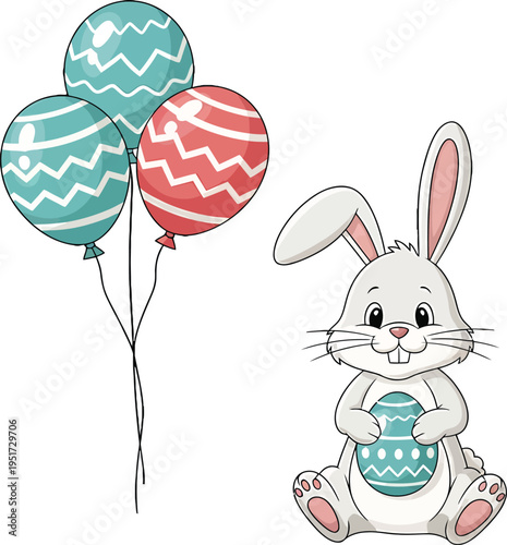 Cartoon Easter Illustration  White Bunny with Decorated Egg and Festive Balloons in Pastel Colors