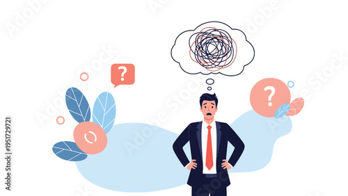 Stressed businessman standing with hands on hips under a thought bubble showing a tangled mess, representing confusion and worry.