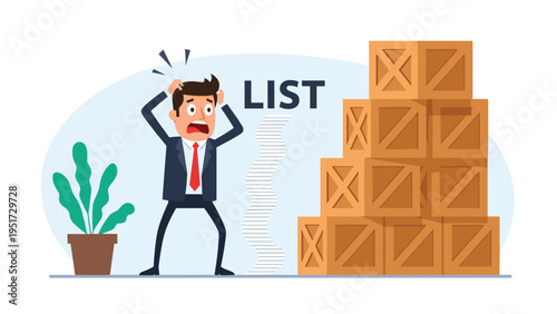 Overwhelmed businessman feeling stressed while looking at an incredibly long to do list next to stacks of boxes.