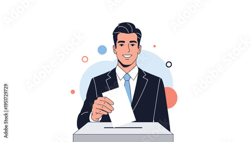 Man in a dark suit casting his vote by placing a paper ballot into a white voting box during a political election or referendum.