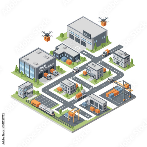 An isometric illustration depicting a smart logistics hub with various modes of transportation and automated delivery systems.