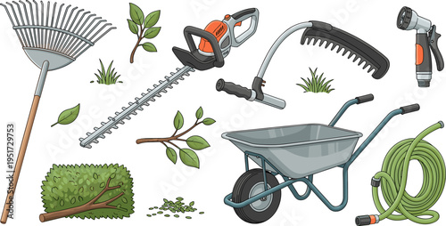 Landscaping and Garden Maintenance Tools Set with Hedge Trimmer, Rake, Wheelbarrow, Hose, and Pruning Tools Illustrations