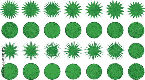 Tree top view icon set, landscape architecture symbols, garden plan foliage, aerial view nature plants, green forest vegetation, and site planning botanical vectors.