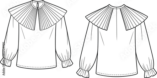 Women pleated collar blouse template, elegant long sleeve fashion top front and back – cad drawing flat vector illustration