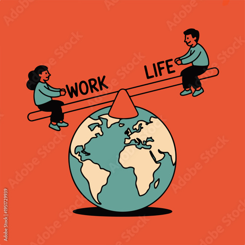 People thoughtfully balancing their professional work responsibilities with personal life demands, metaphorically represented by a seesaw resting on planet Earth, symbolizing global challenges.