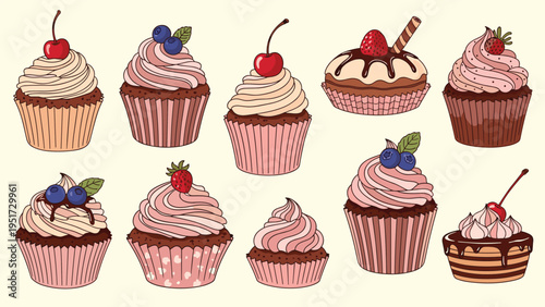 A delightful collection of diverse cupcakes and mini cakes, beautifully decorated with creamy frosting, fresh berries, cherries, and chocolate drizzles, offering a sweet assortment.