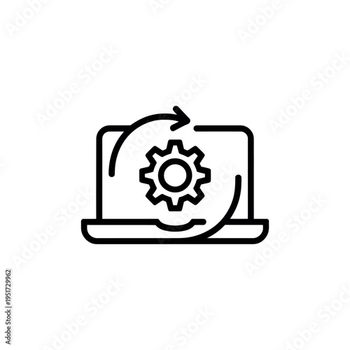 A simple black line icon of a laptop with a gear