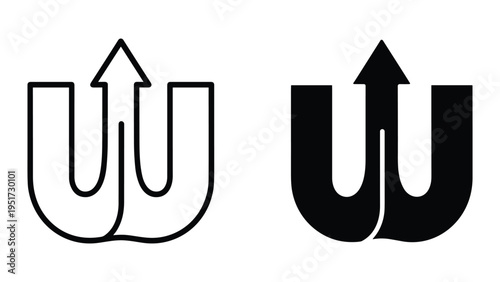 Upward arrow emerging from letter W logo, growth and progress concept, line art and solid fill versions