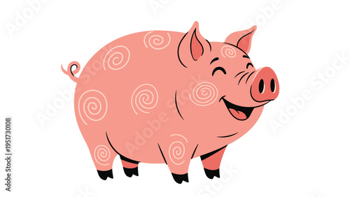 Adorable illustration of a happy, smiling pink pig with cute swirling patterns on its body, standing cheerfully against a clean white background.