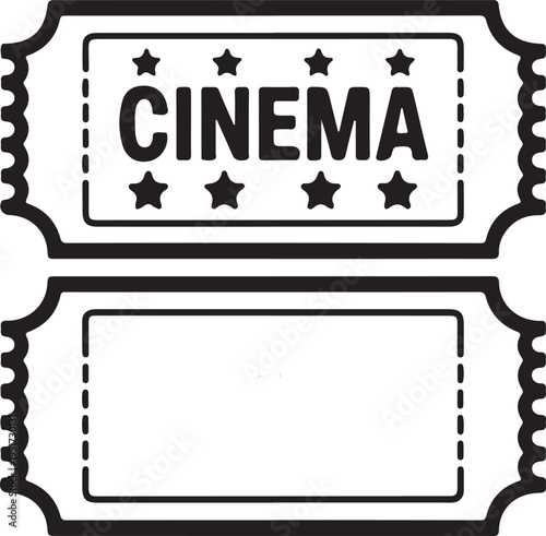 Black and white vector illustration of two cinema tickets, one with 'CINEMA' text and five stars, the other blank, featuring classic perforated edges for movie, film, or event design.