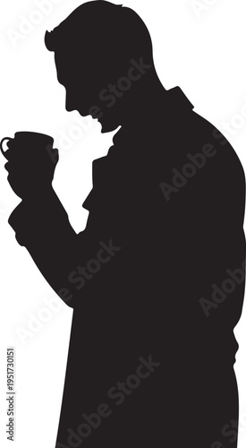 Silhouette of a person drinking from a mug while standing outdoors.