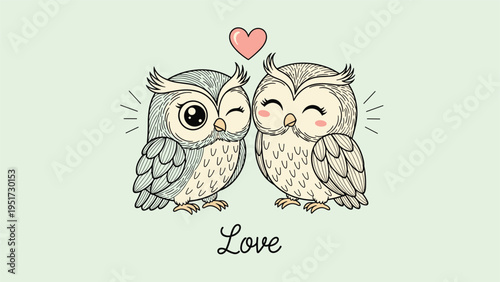 Adorable illustration of two cute cartoon owls, one winking and the other smiling, with a heart floating above them and "Love" text below, set on a soft green background.