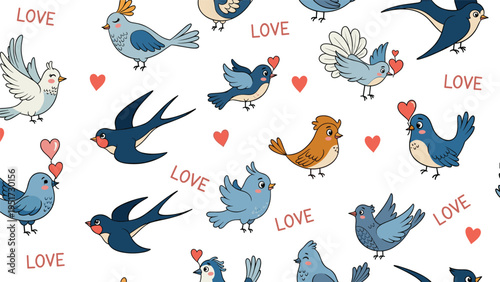 A charming seamless pattern featuring an array of cute cartoon birds in various poses, some holding hearts, interspersed with the word "LOVE" repeatedly, on a white background.