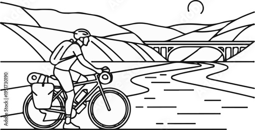 Person cycling along a winding river towards a bridge and mountains