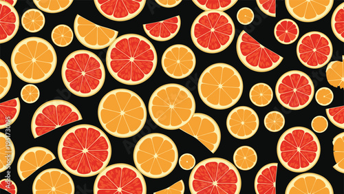 A lively seamless pattern showcasing a mix of vibrant orange and red grapefruit slices and segments, arranged dynamically on a dark black background, creating an eye-catching and fresh design.