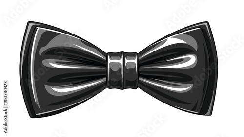 A sleek and glossy black bow tie, rendered with highlights and shadows to give it a realistic, refined appearance, isolated on a clean white background.