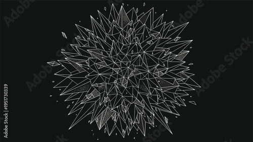 A captivating abstract illustration featuring a complex spherical explosion of sharp, interconnected geometric shards and triangles, creating a dynamic 3D effect on a dark background.