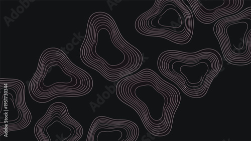 An intriguing abstract pattern featuring a series of organic, undulating contour lines forming blob-like shapes, creating a subtle texture on a dark black background.