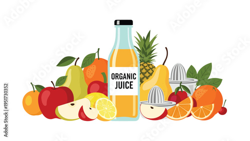 assortment of fresh fruits like apples pears and oranges surrounding a bottle of organic fruit juice with a clear label for healthy living.