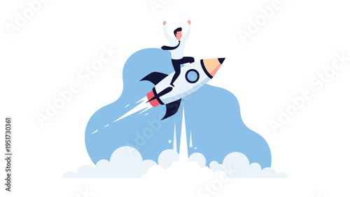Successful businessman riding a pencil rocket through the clouds represents creative growth and rapid career advancement in the industry.