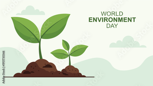 world environment day illustration featuring young green plants growing from the soil against a soft background with clouds and hills for nature.