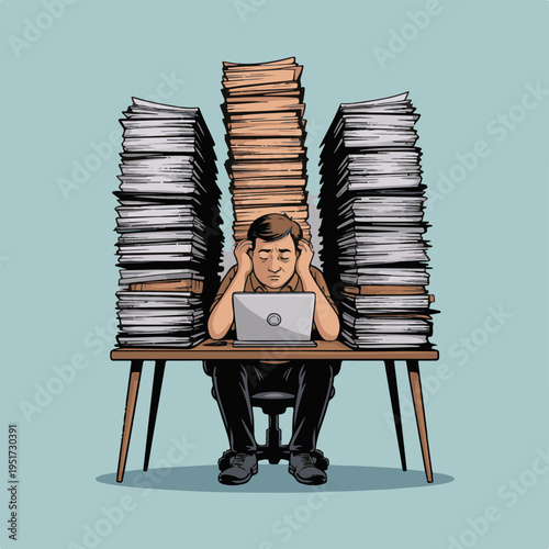 Man is sitting at a desk, completely overwhelmed by towering stacks of paperwork and documents surrounding him, depicting the immense burden of bureaucracy, excessive workload, and the stress of.