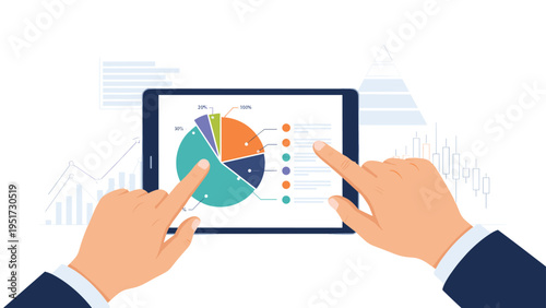 Hands using digital tablet to analyze business data, pie charts, and graphs for financial reporting, professional planning, and monitoring.