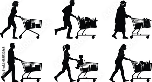 Silhouettes of diverse shoppers pushing grocery carts in supermarket, family shopping, retail lifestyle, consumer behavior illustration