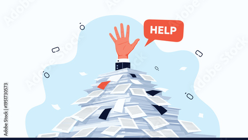 Stressed businessman hand reaches out from a massive pile of paperwork asking for help with work overload and burnout.