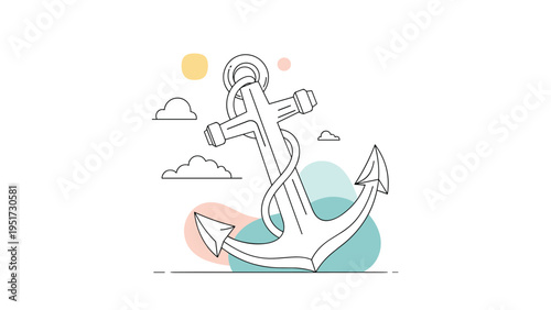 Nautical anchor line art illustration with colorful geometric shapes and clouds in the background signifies stability and maritime themes.