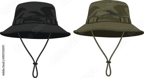 Military boonie hat set in black and olive green colors, tactical army bucket hats with chin strap isolated 