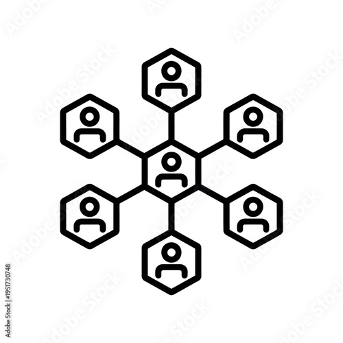A black and white illustration of connected people icons in hexagons