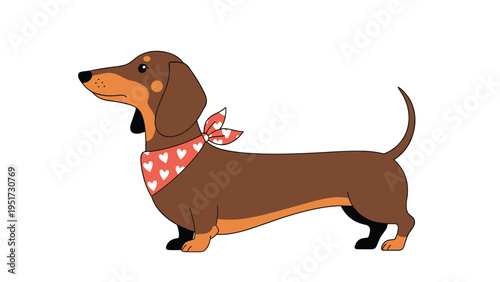 cute dachshund dog standing sideways wearing a red bandana with white hearts showing a charming pet portrait illustration on a white background.