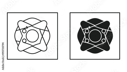 Atomic Structure Symbol - Nucleus and Orbiting Electrons, Line Art and Silhouette Icons