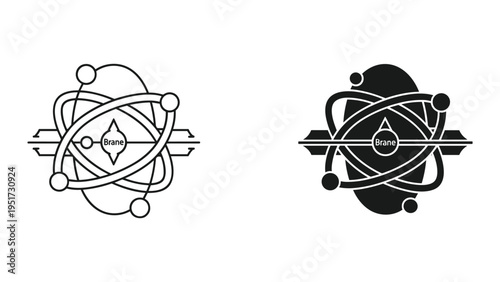 Abstract Atomic Model Icon Symbol with Brane Text - Line Art and Solid Fill