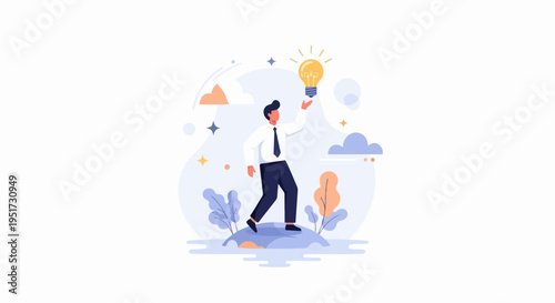 Person holding lit bulb, standing on island, surrounded by stylized clouds and plants