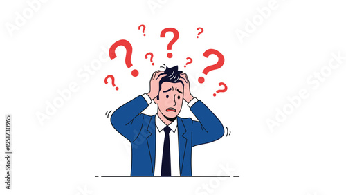 Confused businessman scratching his head while surrounded by red question marks represents problem solving and decision making difficulties.