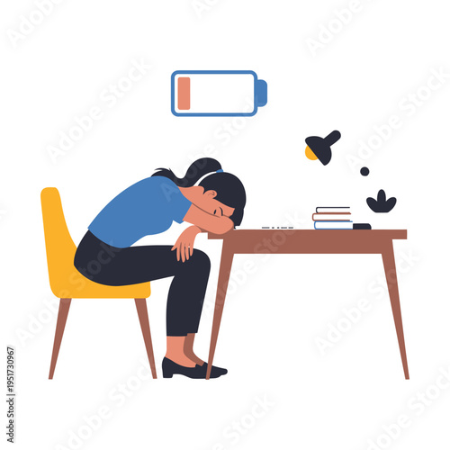 A woman sits at a desk looking exhausted and drained