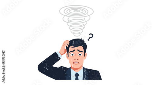 Stressed businessman feeling dizzy with a spiral and a question mark over his head illustrates mental exhaustion and work related burnout.
