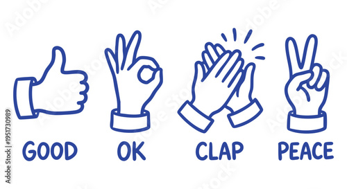 Blue outline positive hand signal icons. Thumbs up okay and applause doodle symbols. Business communication vector set. Editable line art EPS graphic presentation elements. 