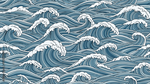 A dynamic seamless pattern depicting stylized ocean waves with crashing whitecaps and swirling lines, rendered in a traditional Japanese Ukiyo-e art style, in various shades of blue.