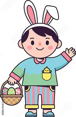 Cartoon Easter Illustration  Child in Bunny Ears with Basket of Decorated Eggs and Festive Outfit