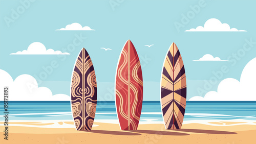 three colorful surfboards with unique tribal and geometric patterns standing on a sandy beach under a blue sky with soft white clouds and birds.